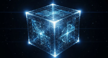 Futuristic 3d rendering of a cube with blue lights.の素材