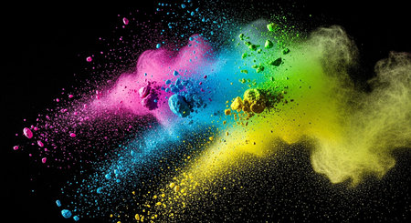 Explosion of colored powder, isolated on black background. Abstract colored backgroundの素材