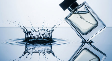 bottle of perfume on a blue background with splashes and dropsの素材