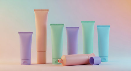 Set of cosmetic tubes on colorful background. 3d render illustration.の素材