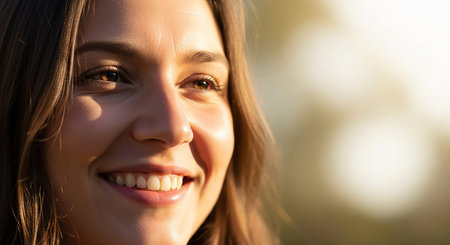 Close up portrait of a beautiful young woman with brown eyes smiling outdoorsの素材
