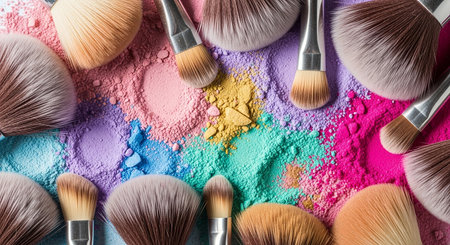 Set of makeup brushes and crushed eyeshadow powder on colorful backgroundの素材
