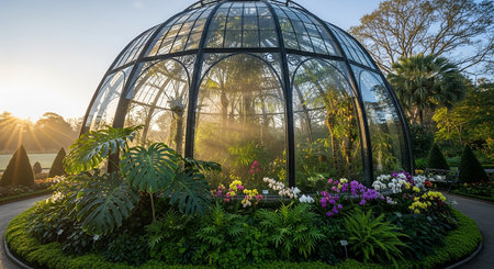 Glass dome in the garden with beautiful flower garden at sunset time.の素材