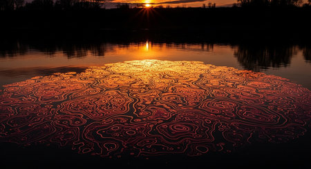 Reflection of the sun on a lake at sunset. Beautiful background.の素材
