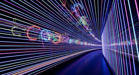 Futuristic tunnel with glowing neon lines. 3D rendering.の素材
