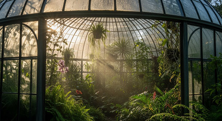 Beautiful botanical garden in the morning light with green plants and sunlightの素材