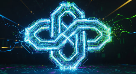 3d rendering of abstract glowing science symbol on dark background with particlesの素材