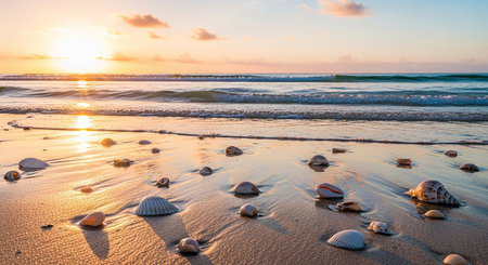 Beautiful sunset on the beach with seashells in the foregroundの素材