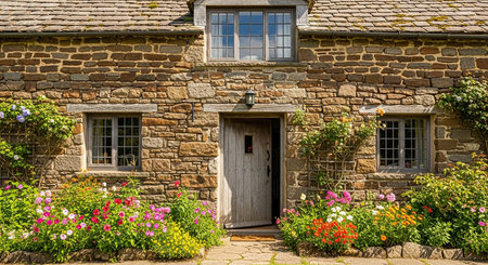 Old stone house with flowers in the garden, England, UK.の素材