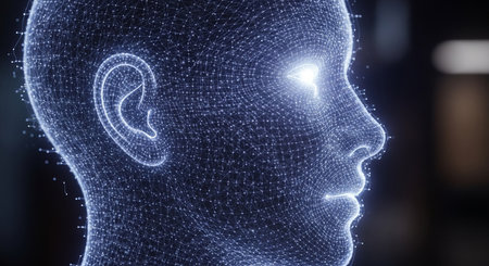 3D rendering of artificial intelligence concept with glowing wireframe human headの素材