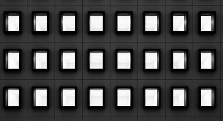 Black and white abstract background with windows. 3d render illustration.の素材