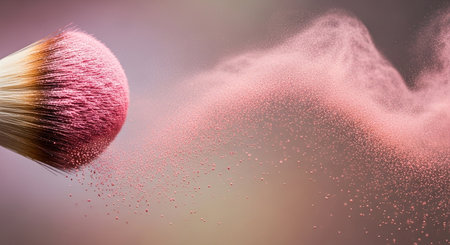 Make up brush with pink powder explosion on pink background. 3D renderingの素材