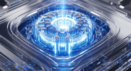 Close-up view of a blue circuit board on white background 3D renderingの素材