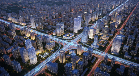 Aerial view of a modern city at night, Shenzhen, Chinaの素材