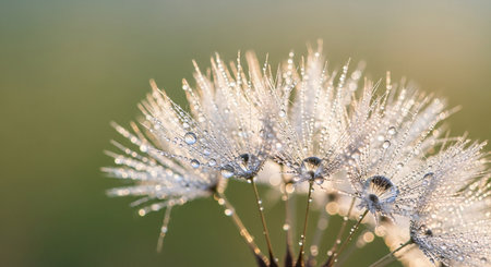 Dandelion seeds with dew drops close up. Nature background.の素材