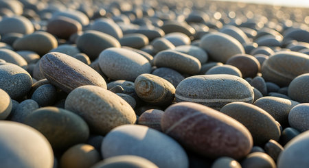 Pebbles on the beach in the evening sun, close upの素材