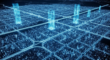 Futuristic city at night with blue lights. 3d renderingの素材