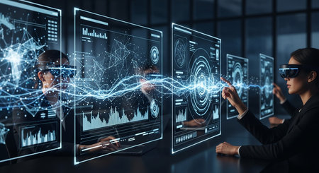 Businesswoman in dark office using interactive touchscreen interface. 3D renderingの素材