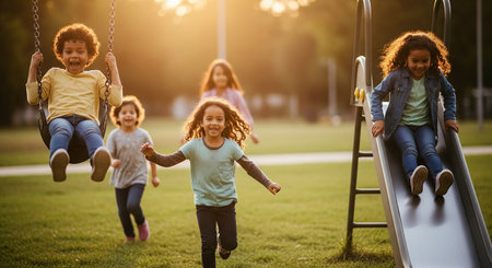 Group of children having fun on the playground in the park. Selective focus.の素材