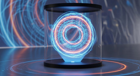 3D rendering of a hologram inside a glass jar on a blue backgroundの素材