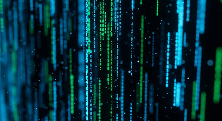 Digital binary code on a dark background, 3d rendering. Computer digital drawing.の素材