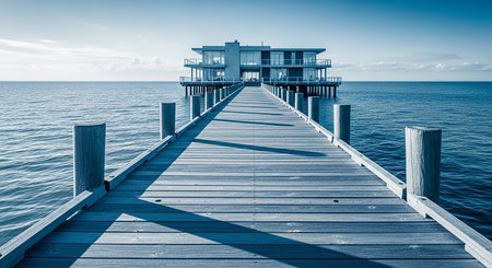 Wooden pier in the sea with blue sky and white clouds.の素材
