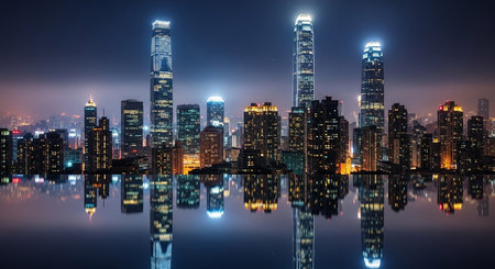 Shanghai skyline at night with reflection in Huangpu river,China.の素材