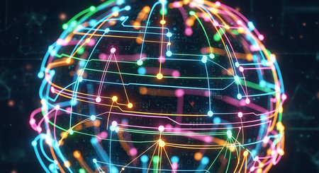 Glowing hologram globe on dark background. Global network concept. 3D Renderingの素材