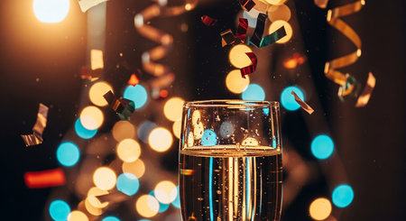 Glasses of champagne with confetti and ribbons on bokeh backgroundの素材