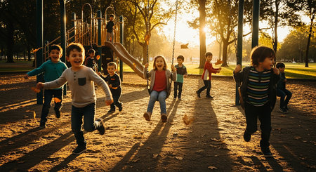Group of happy children playing on playground in the park at sunset.の素材