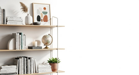 Bookshelf with books and decorations on white wall. 3D renderingの素材