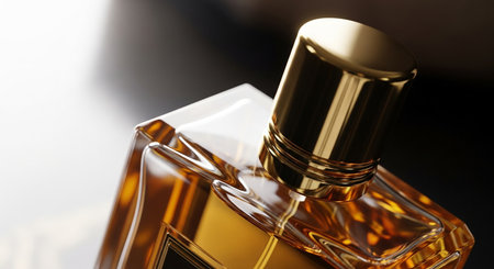 Perfume bottle on black background, closeup. Beauty productの素材