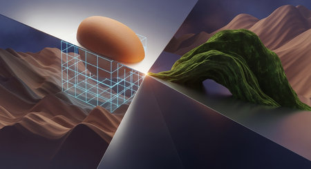 3d illustration of an egg in the middle of a desert landscapeの素材