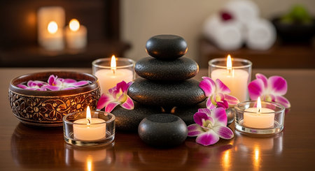 Spa still life with zen stones, orchids and candlesの素材