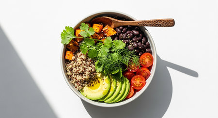 Healthy lunch bowl with quinoa, avocado, tomatoes, black beans and herbs on white backgroundの素材
