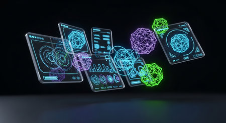Glowing hologram mobile applications icons set against black background 3D renderingの素材