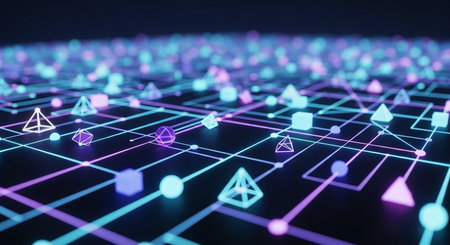 3D rendering of an abstract network with neon lights. Technology conceptの素材