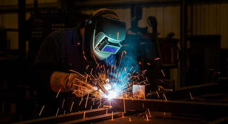 Industrial worker wearing protective clothing and welding metal with bright sparks.の素材