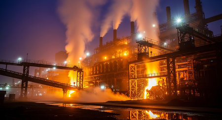 Industrial plant at night with smoke and smog, industrial landscapeの素材