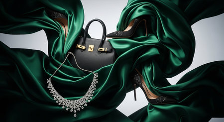 Elegant black women's shoes with green satin cloth and black bag on a white backgroundの素材