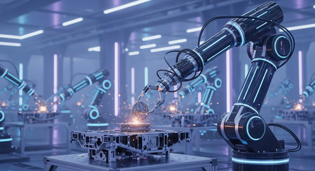 3d rendering robotic arm working in factory. This is a 3d render illustration.の素材