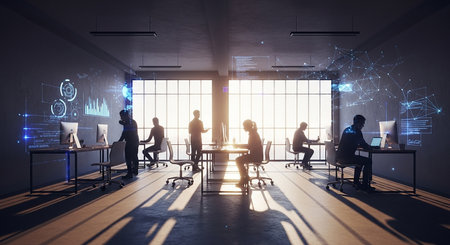 Business people silhouettes in modern office interior with glowing business hologram. Teamwork concept. 3D Renderingの素材
