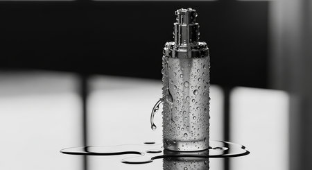 Cosmetic bottle with droplets of water on a black background.の素材