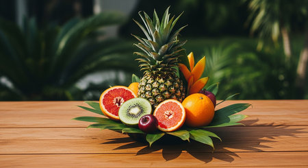 Fruits on wooden table. Tropical fruit background. Healthy eating conceptの素材