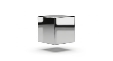 3d rendering of a metal cube isolated in white studio background.の素材