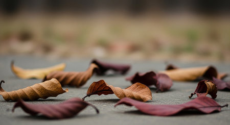 Dry leaves on cement floor with blur background, selective focus.の素材