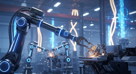 Mechanized industry robot arm working on assembly line in factory. 3D renderingの素材