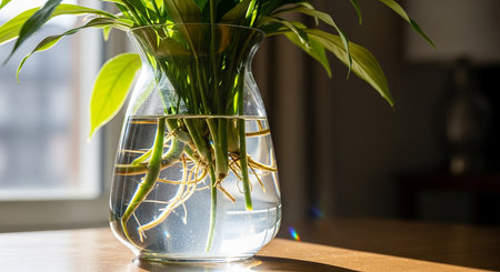 Plant in a glass vase on a wooden table in the roomの素材