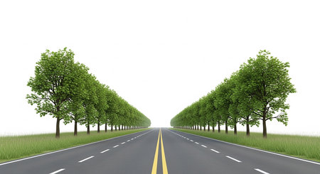 Asphalt road with green trees on a white background. 3d renderingの素材