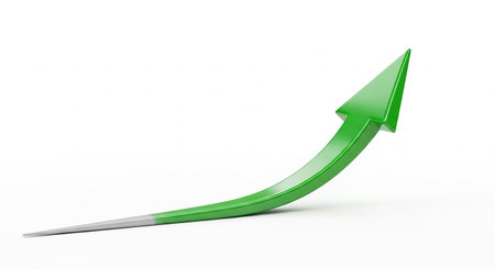 Green arrow pointing up on white background. 3d render image.の素材